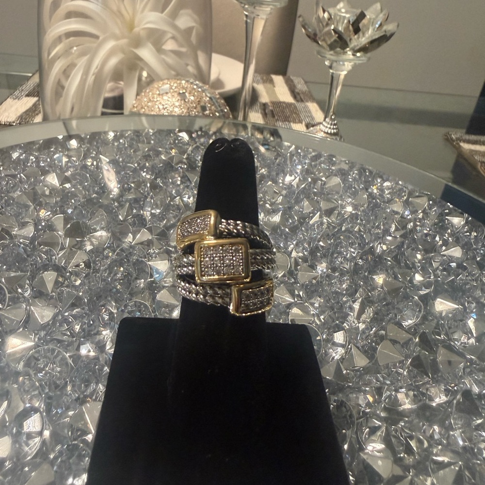 Designer Inspired Two Tone Cable Wrap Ring Pave C… - image 3